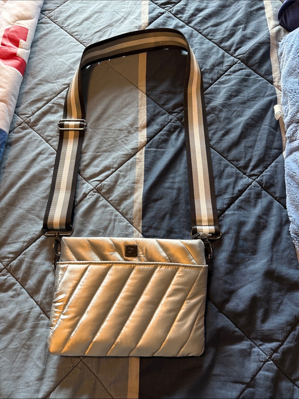 THINK ROYLN Bum Bag 2.0 Metallic Silver Quilted Crossbody Bag with Striped Strap